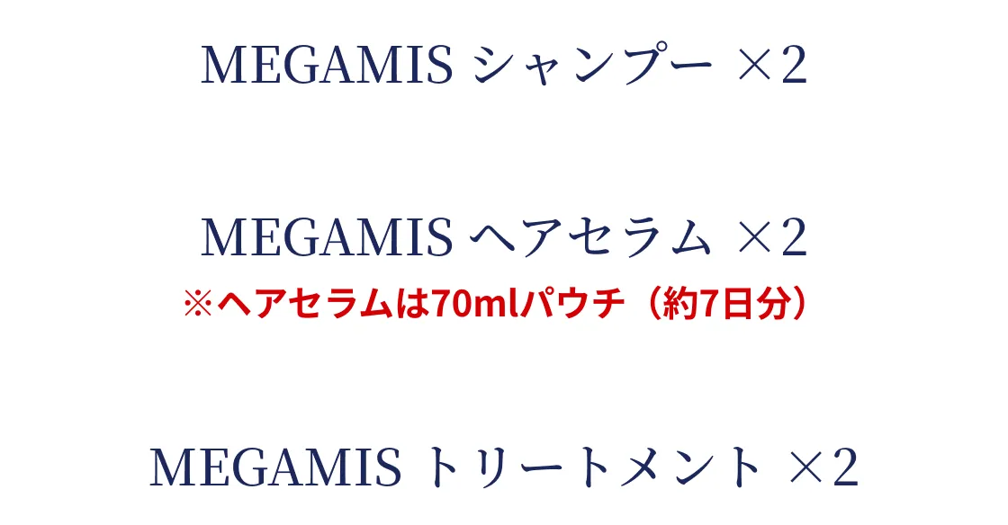 MEGAMIS シャンプー ×2
MEGAMIS ヘアセラム ×2 ※ヘアセラムは70mlパウチ(約7日分)
MEGAMIS トリートメント ×2